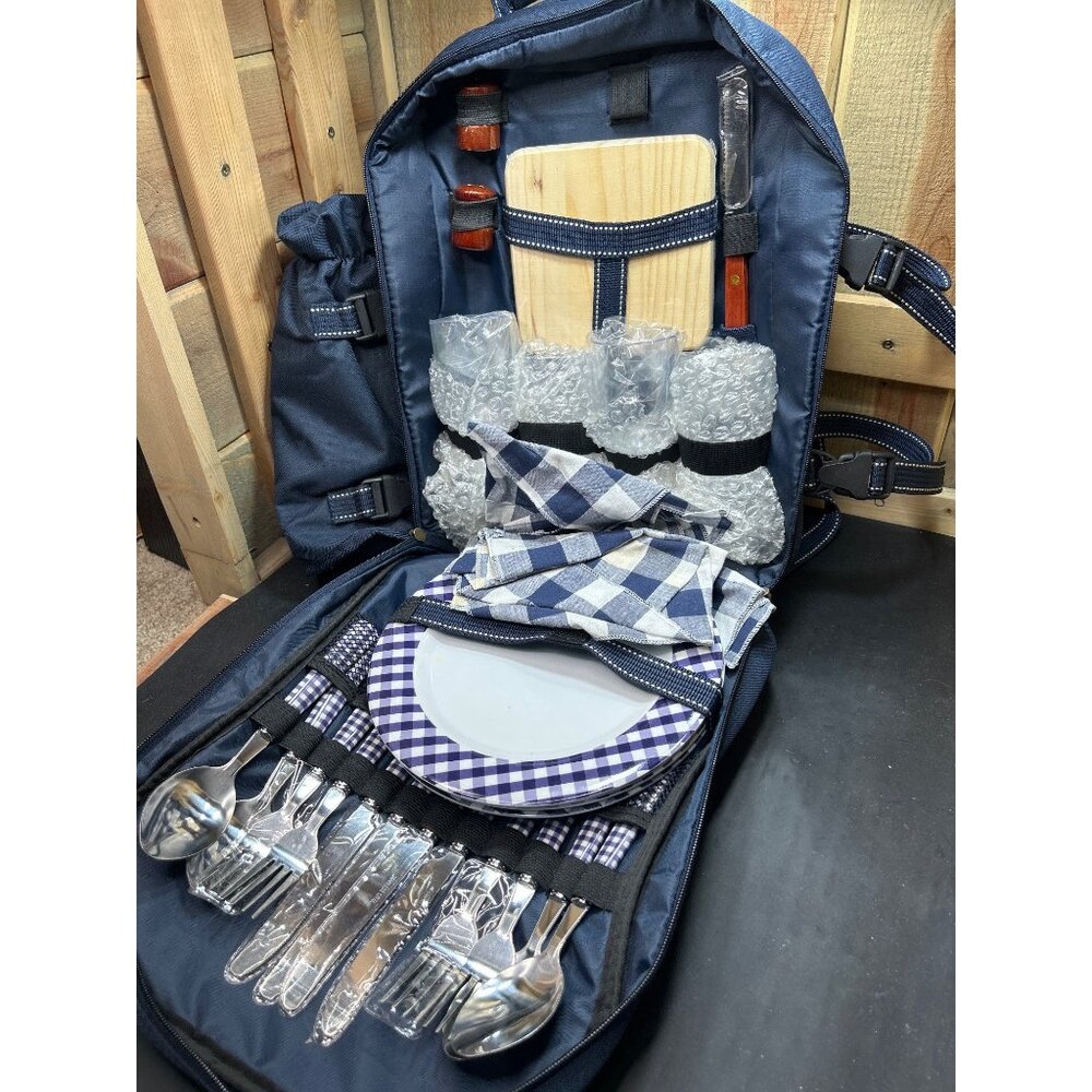 Four Person Navy Picnic Backpack W/ Cutlery Plates Napkins & Cutting Board Set
